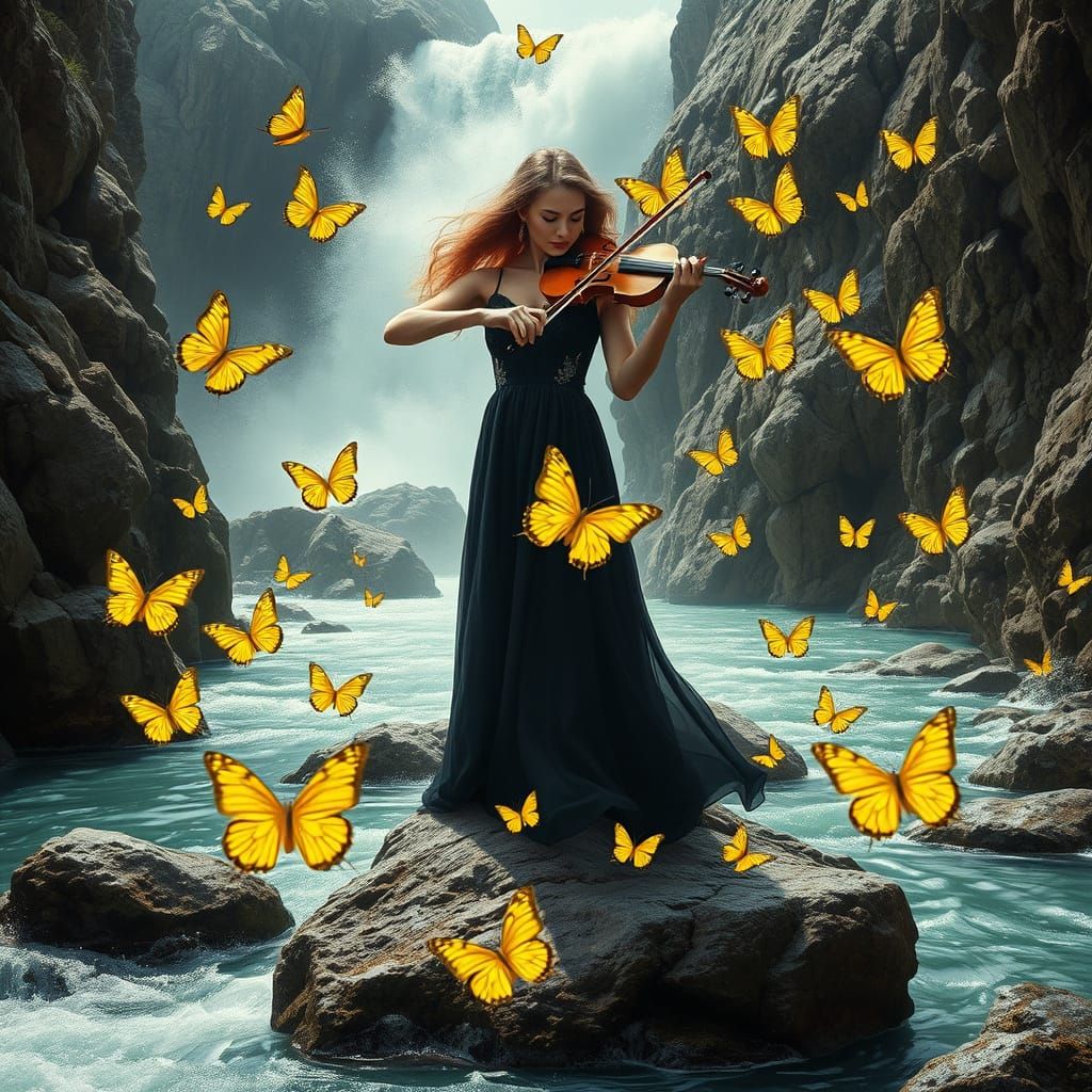 Woman Plays Violin by Waterfall with Butterflies