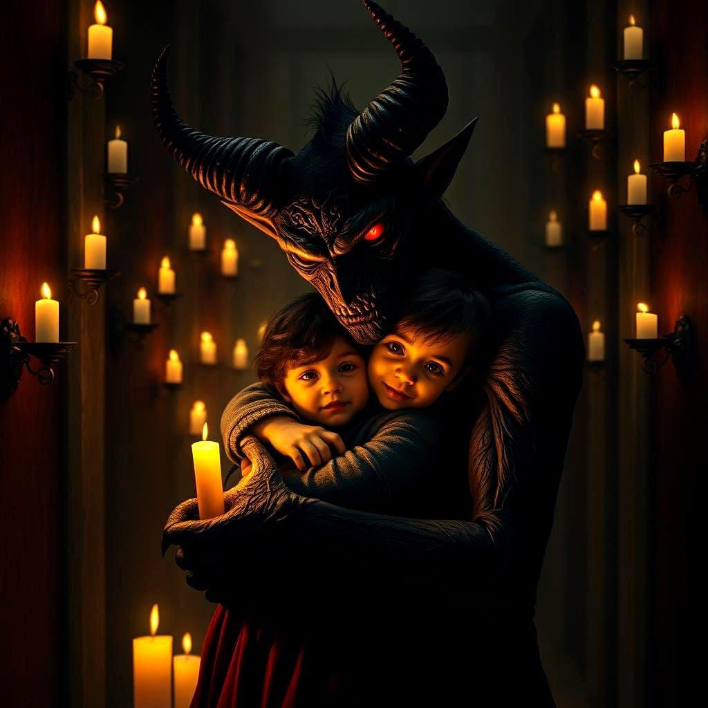 Devil Comforting Child in Dark Room