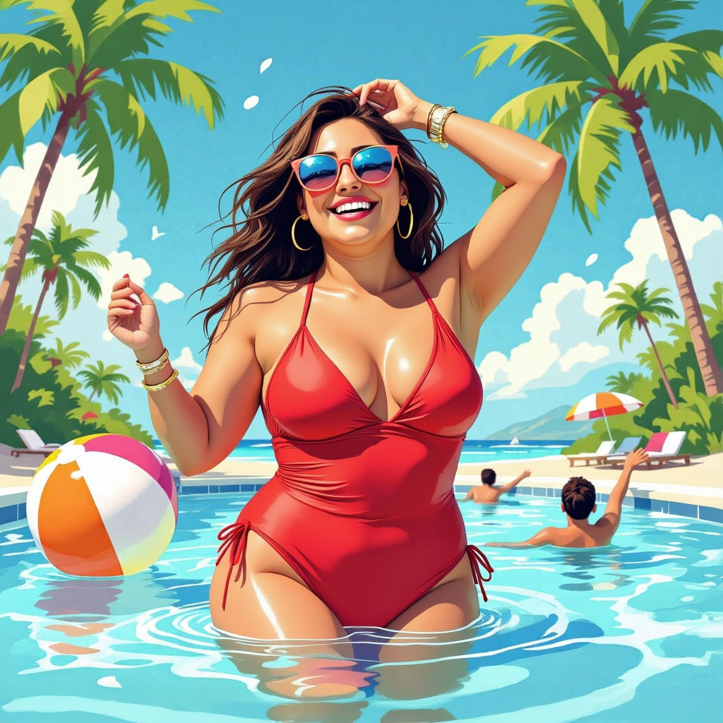 Pool Party Scene with Beach Ball and Palm Trees