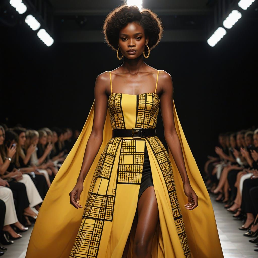 Elegant Black Woman Struts Down Runway in Vibrant Yellow Hau...