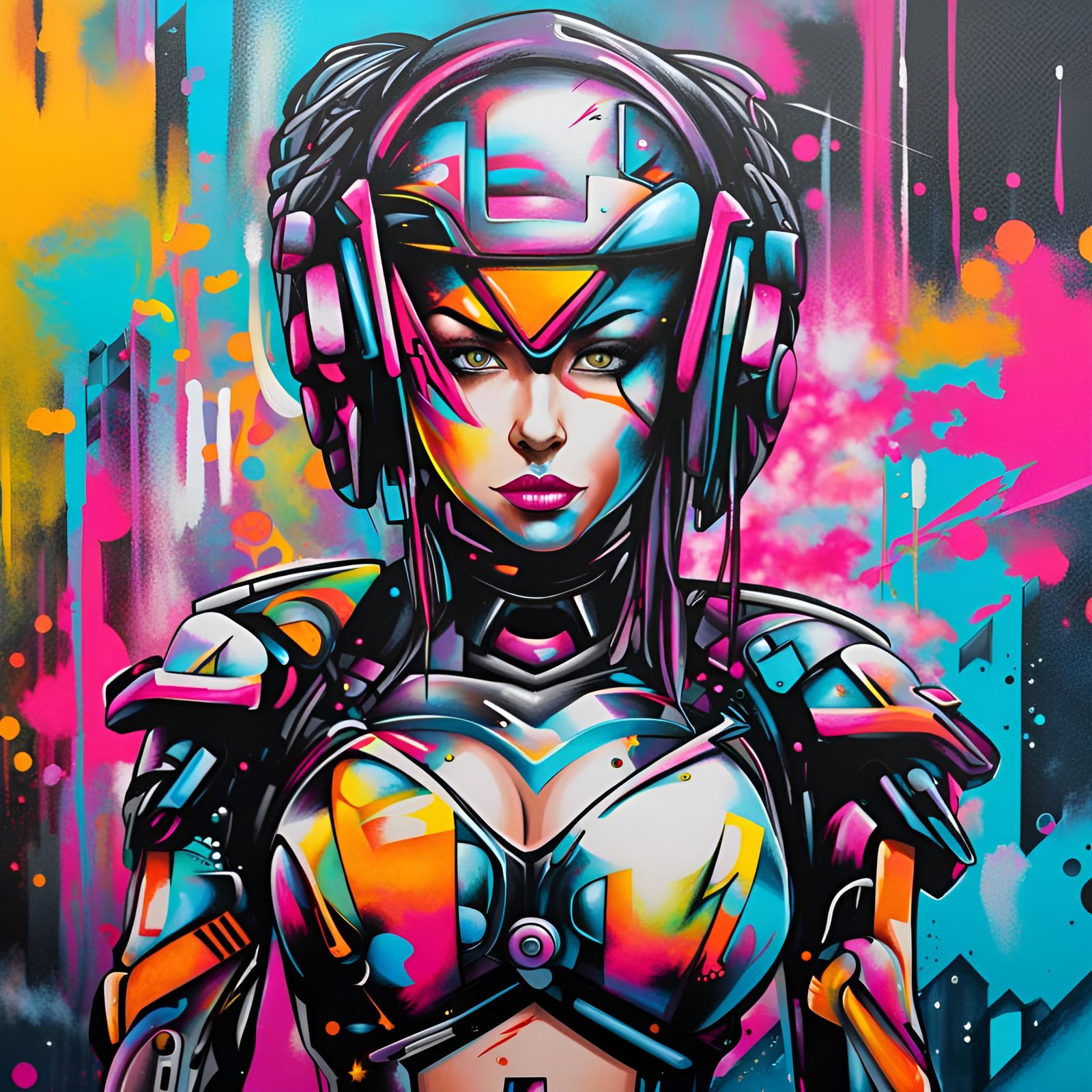 Cyberpunk Warrior Girl in Graffiti Art Style