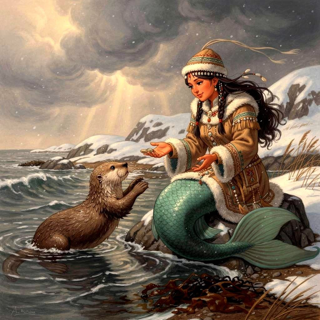 Sea otter & a warmly dressed mermaid