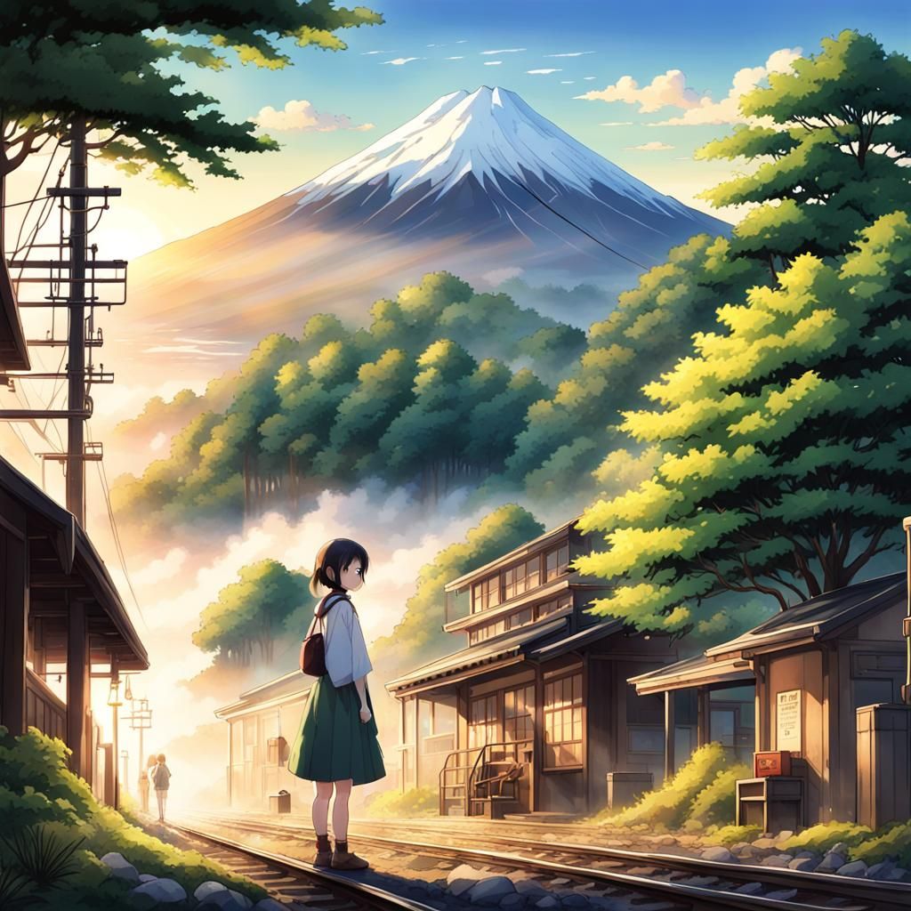 Japanese Village Train Station with Mount Fuji, Anime Art