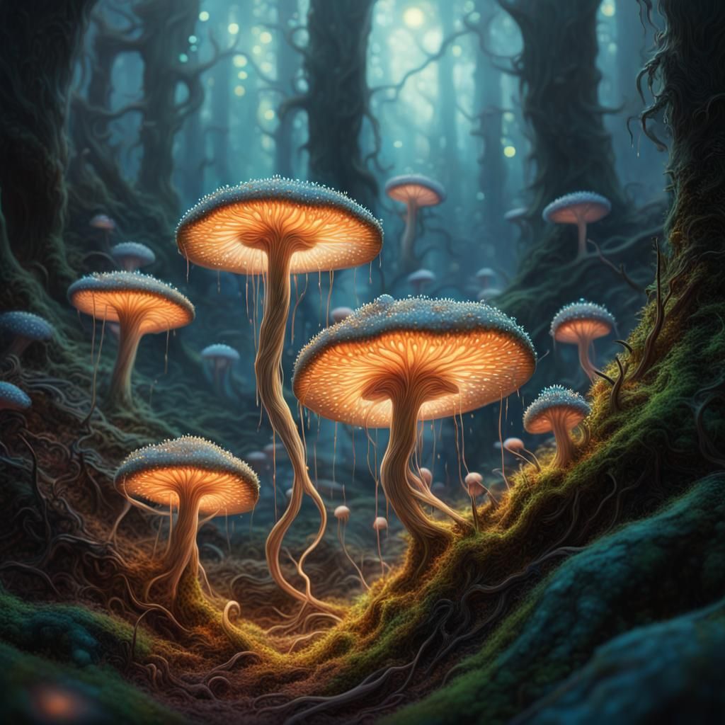 Glowing Fungi Vortex in Hyper-Realistic Fantasy
