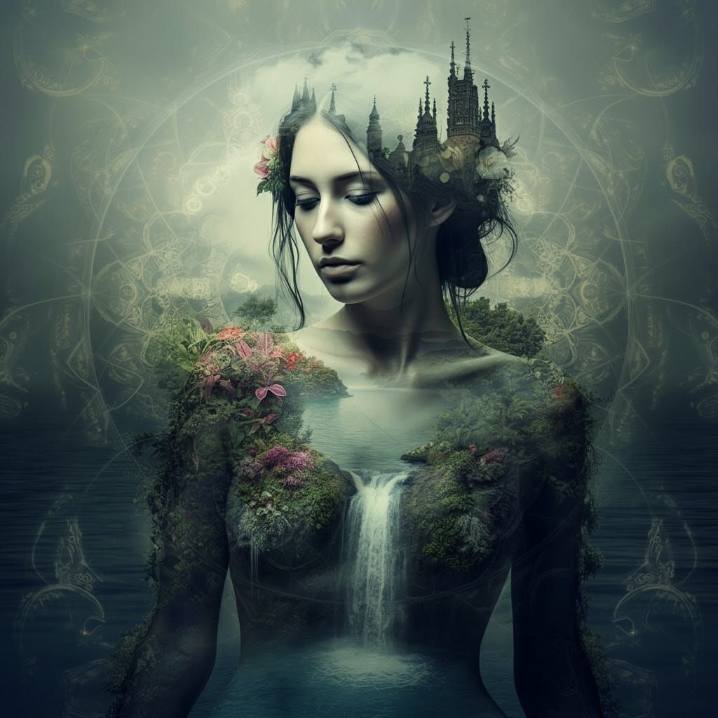 Ethereal Water Goddess in Dreamlike Double Exposure