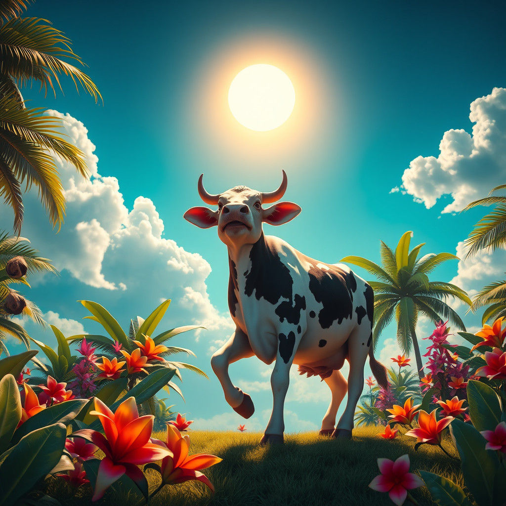 Dancing Cow in Tropical Fantasy Art Style