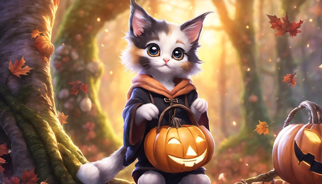 Anthropomorphic Calico Kitten in Fantasy Forest, Anime Art