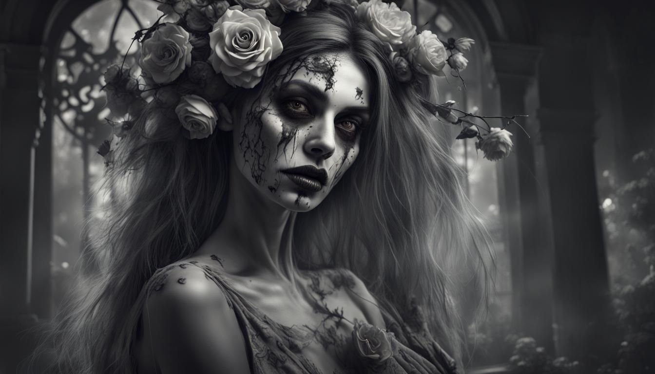 Zombie Seductress Portrait with Haunted Mansion Background
