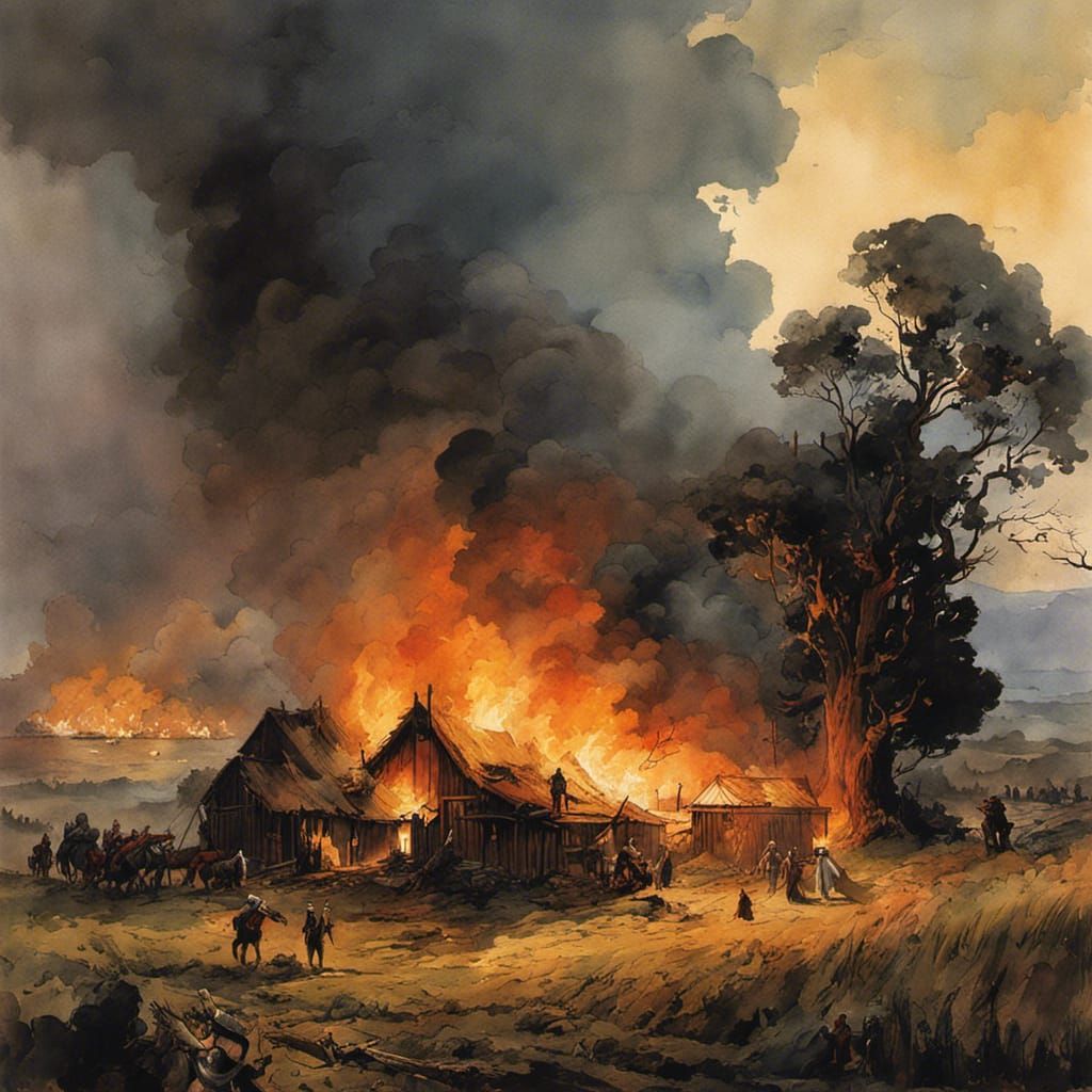 Burning Farm in Renaissance Watercolor Style