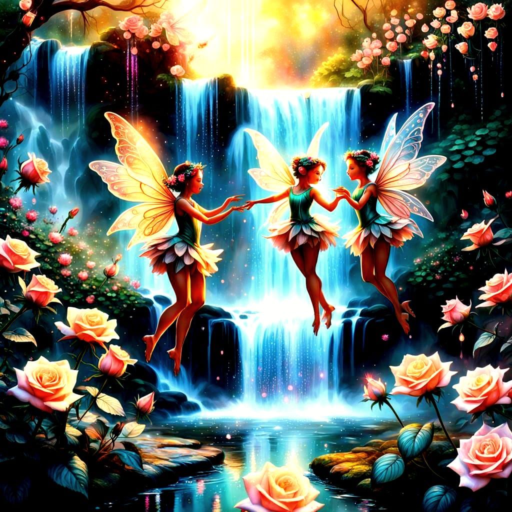 Magical Microscopic View of Rose Blossoms and Fairies