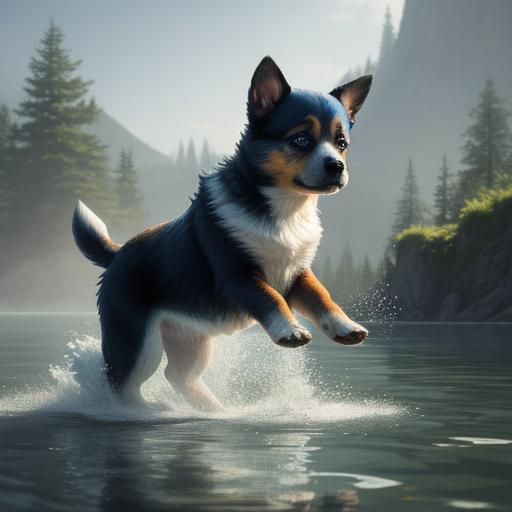 Cute Puppy Splashing in Lake: Fantasy Concept Art