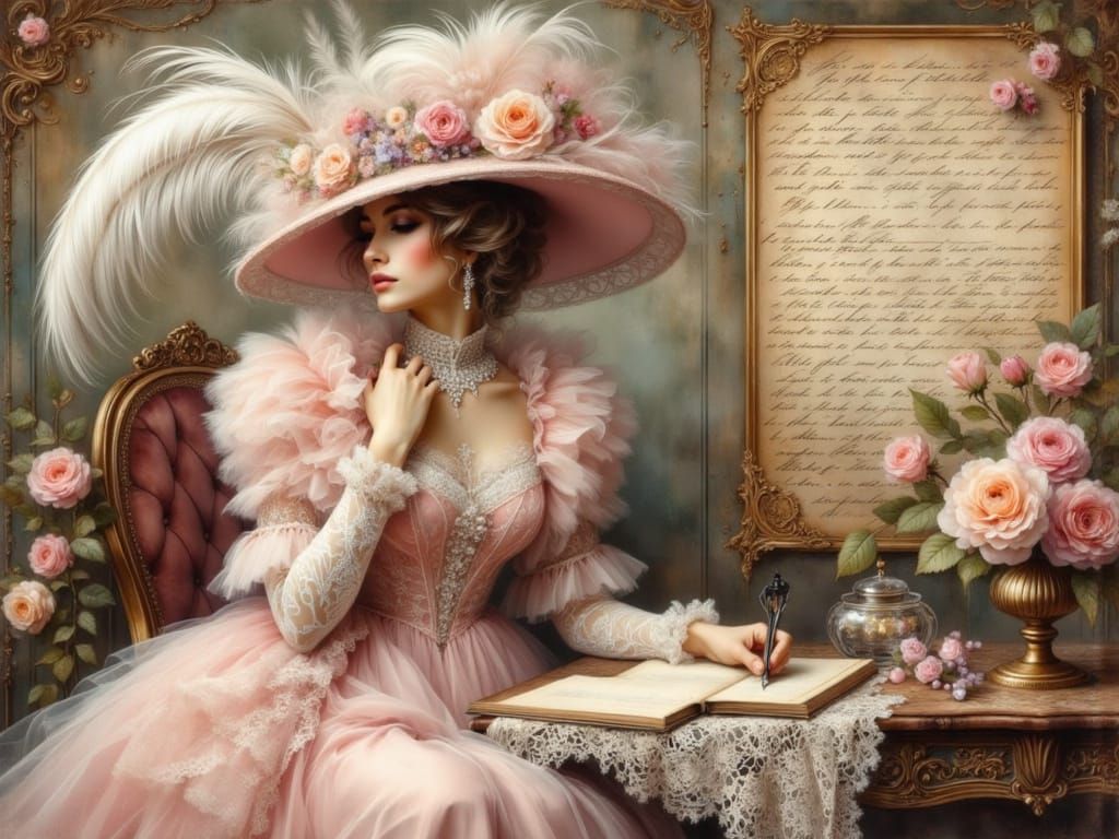 Victorian Lady Writing with Feather Pen in Golden Hour Light