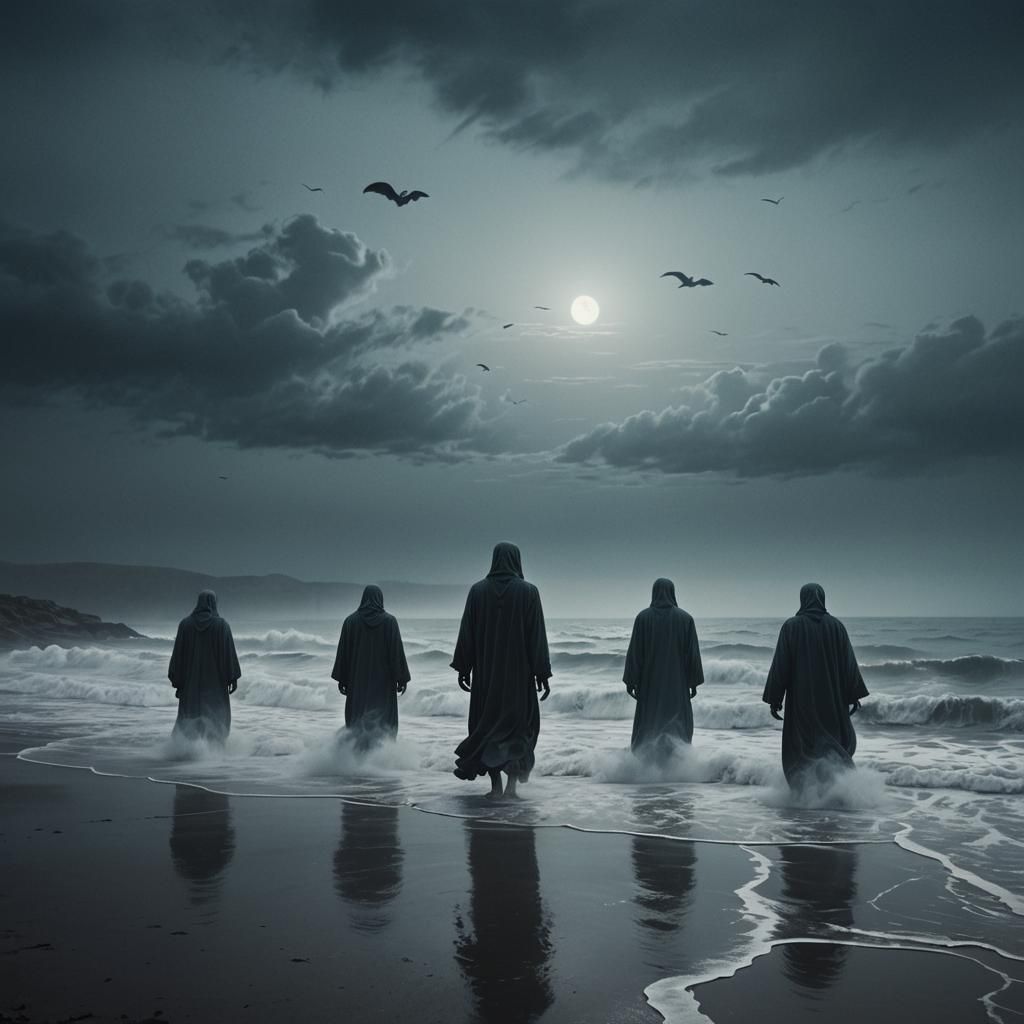 Eerie Ghosts Rising from Sea in Surreal Painting