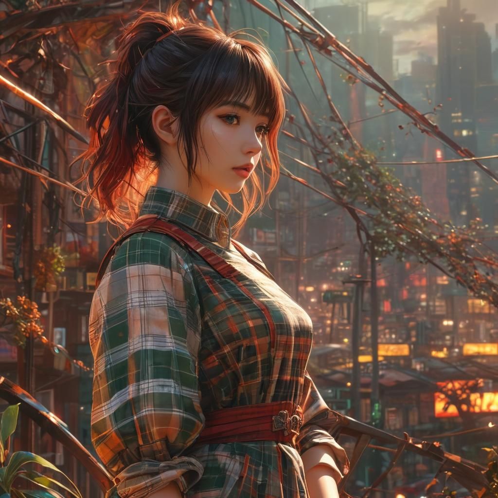 Anime Cyberpunk Goddess in Vibrant Plaid Dress