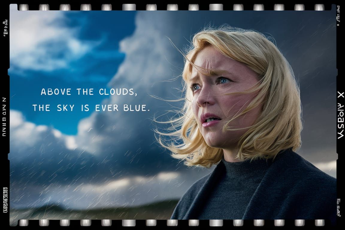 Cinematic Film Still of Hopeful Woman in Storm