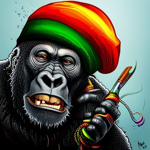 Hyperrealistic Gorilla Portrait with Rasta Cap