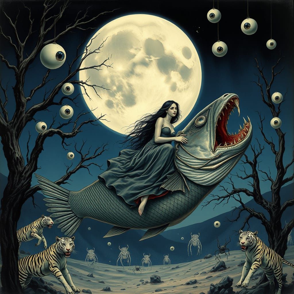 Vampire Rides Fish in Crystal Desert Night