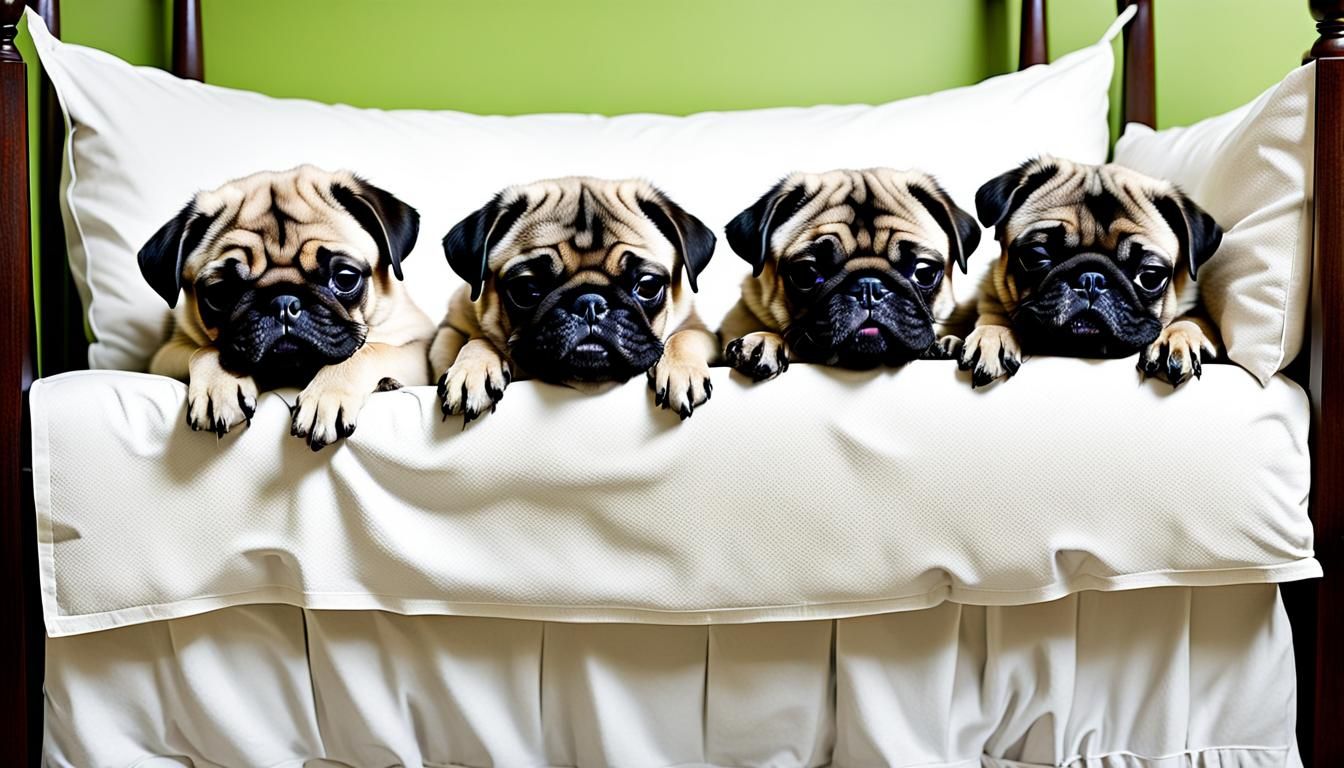 Pug Puppies Resting on a Four-Poster Bed in Elegant Style