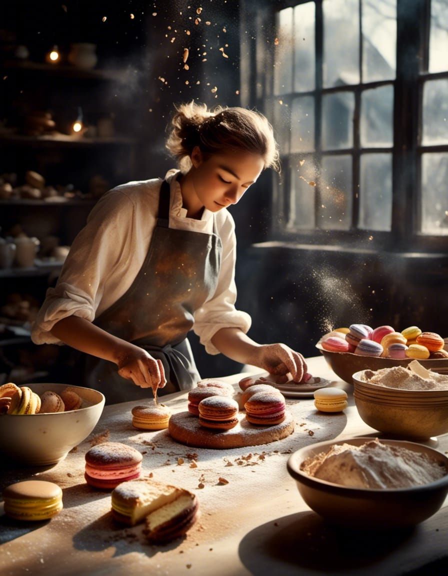 Baker Surrounded by Pastries in a Bright Studio
