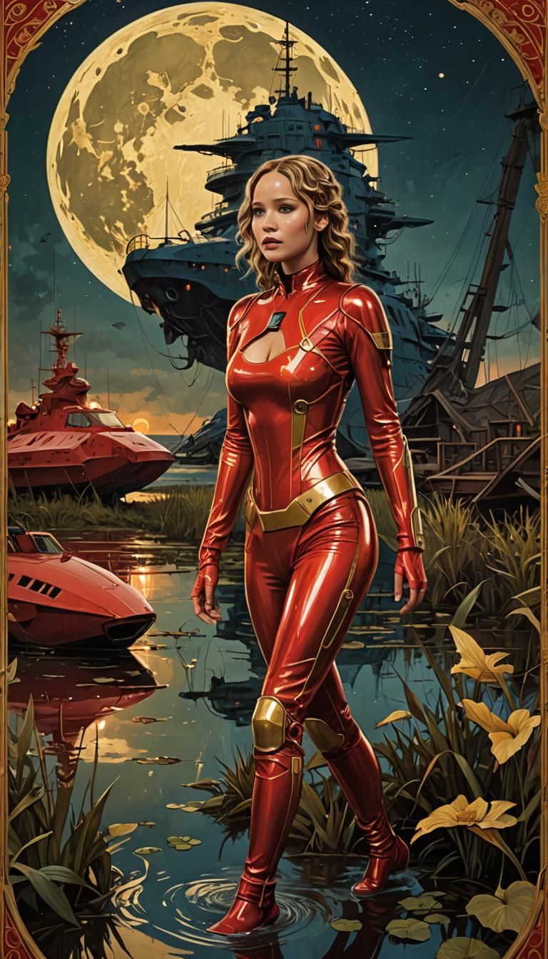 Jennifer Lawrence in Latex Suit, Mucha Style