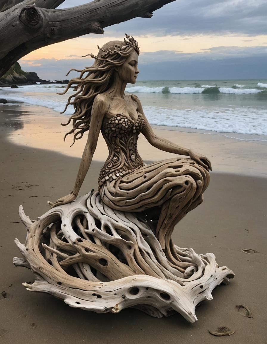 Stunning Driftwood Mermaid Sculpture on a Beach