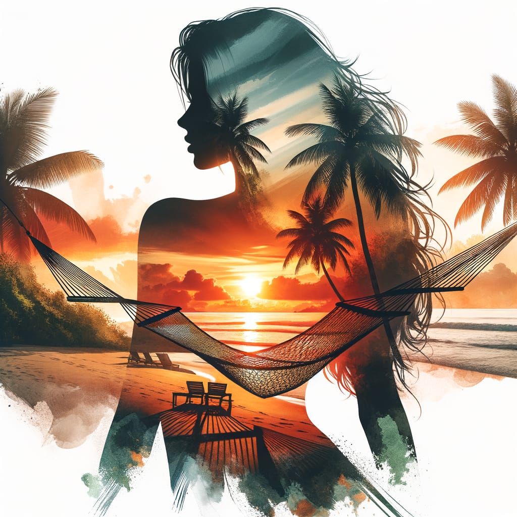 Sunset Beach Silhouette: Double Exposure Art