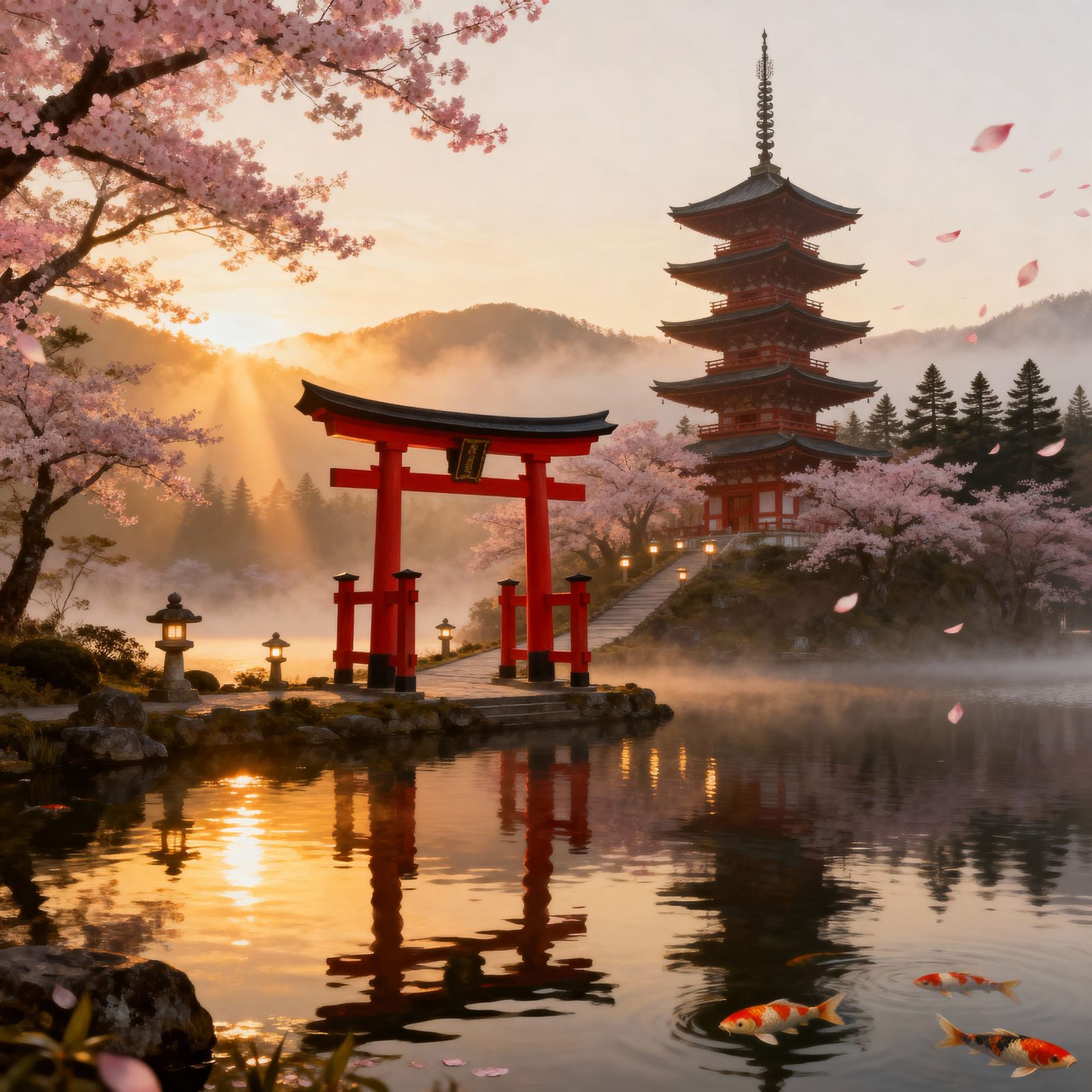 Misty Japanese Pagoda and Torii Gate at Sunrise