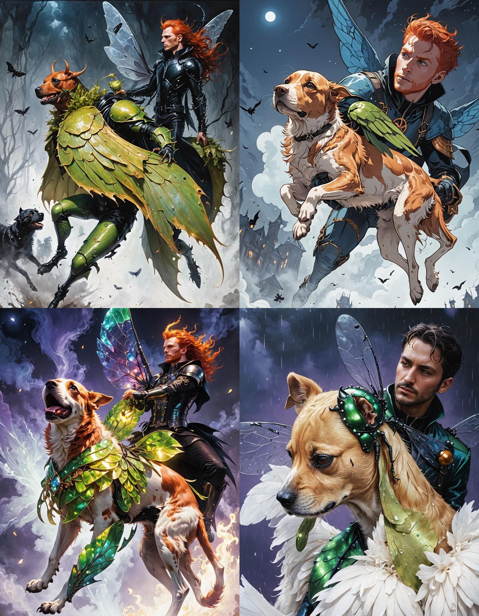 Redhead Man with Beetle Wings Flying with Dog