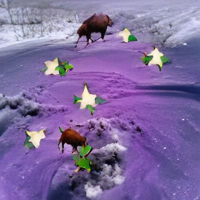 Purple Moose in Snow with Stars and Roses