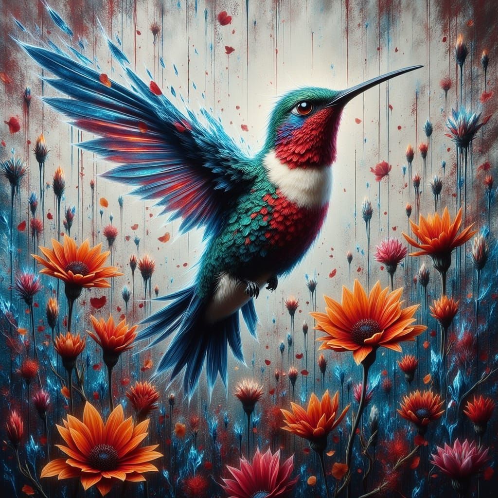 Vibrant Hummingbird Mural on Brick Wall