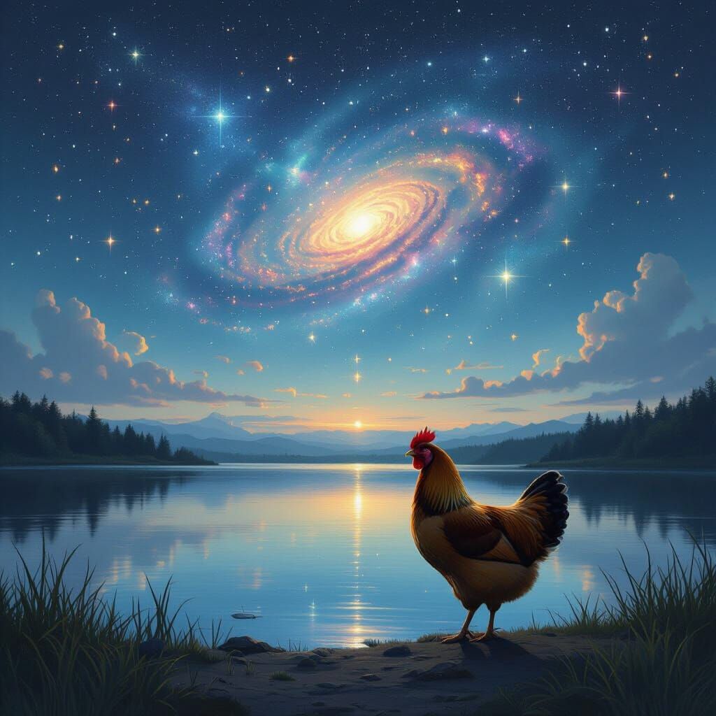 Hen Gazing at Alien Constellations in Dreamscape