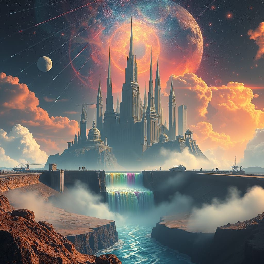 Dystopian Sky City with Cosmic Waterfall