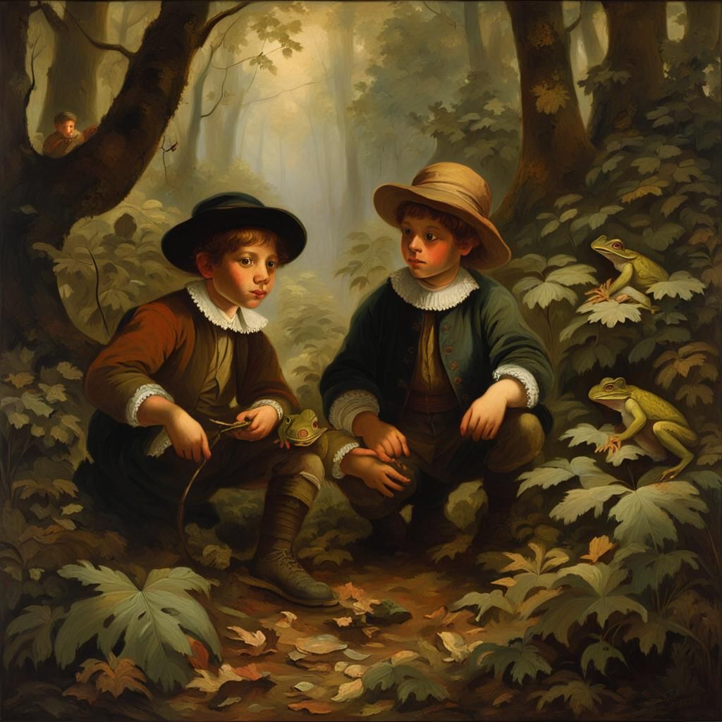 Boys Play with Frogs in Baroque Style