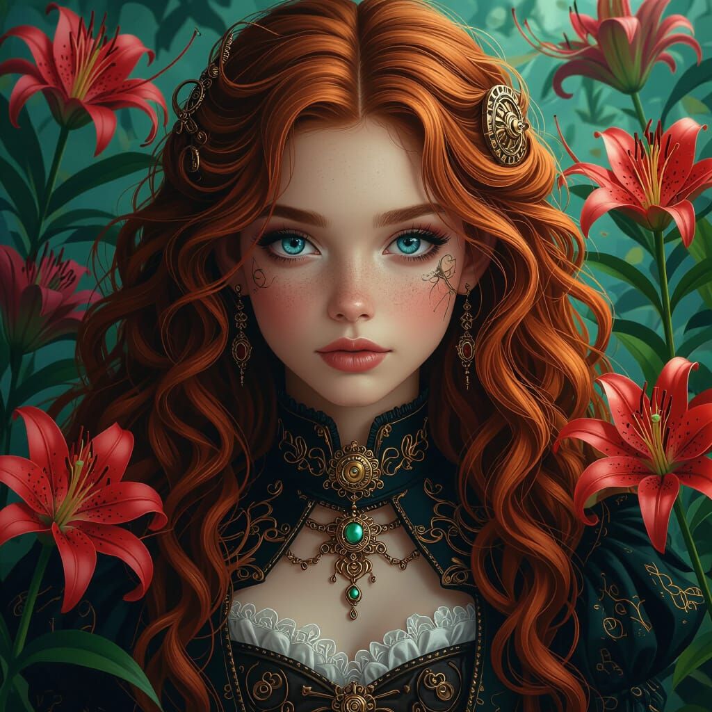 Steampunk Girl with Heterochromatic Eyes & Spider Lilies