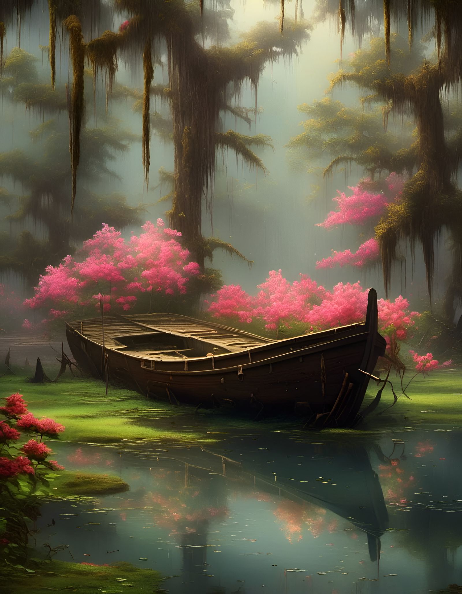 Misty Cypress Swamp with Sunken Boat