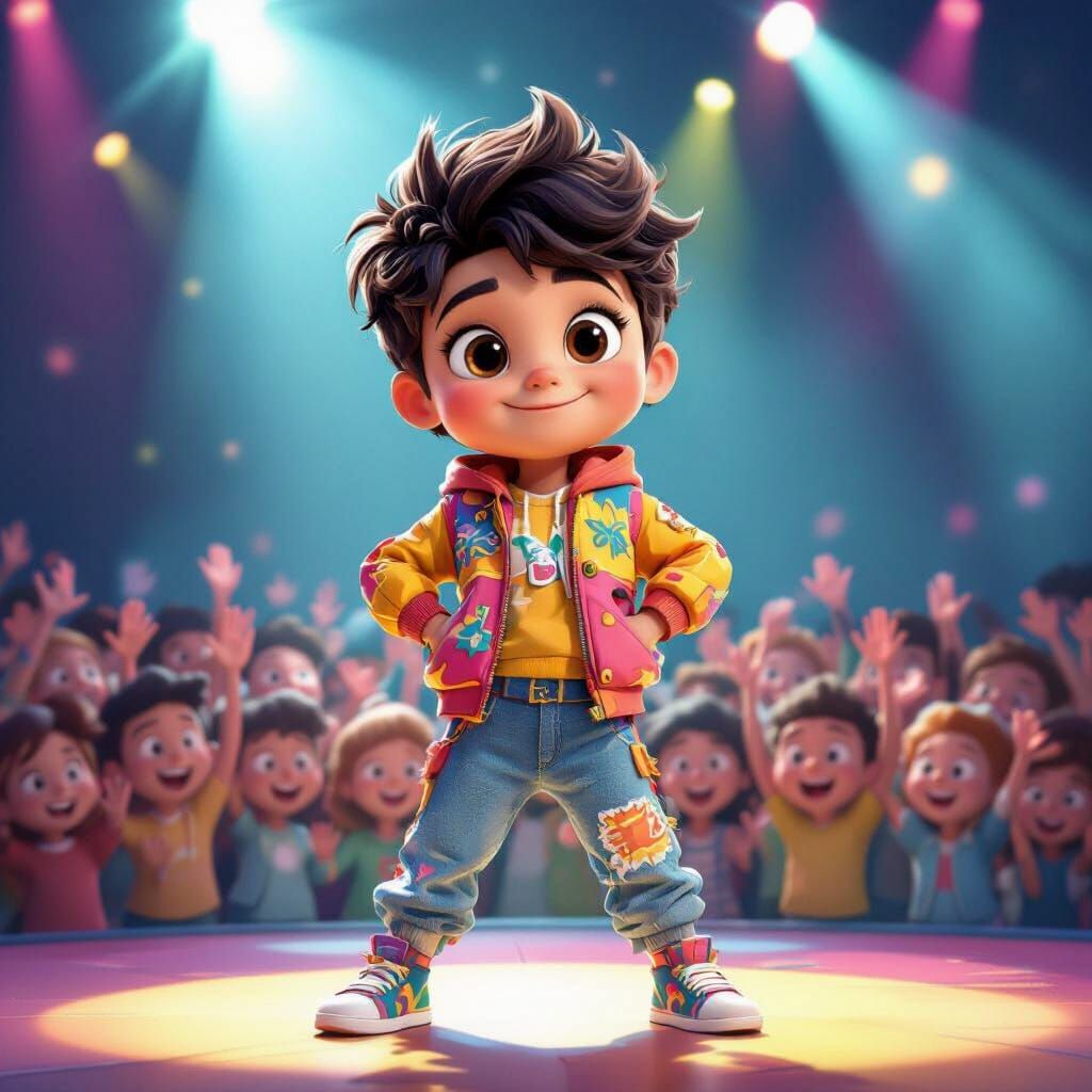 Confident Child on Stage in Cartoon Style