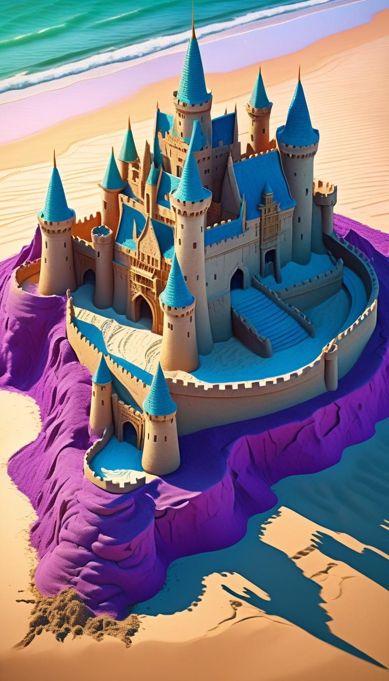 Majestic Sandcastle with Dragon, Hyperrealistic Concept Art