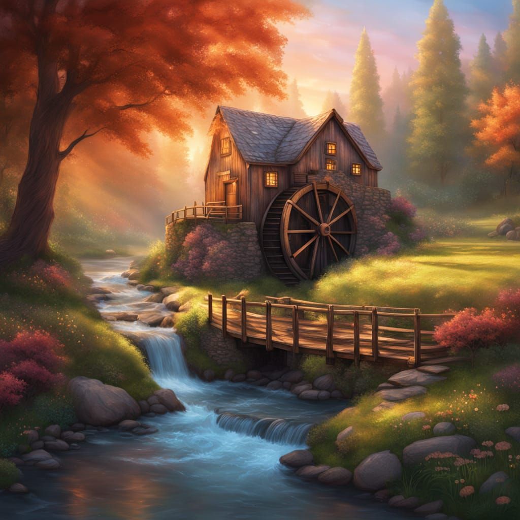 Whimsical Grist Mill in a Lush Fantasy Landscape