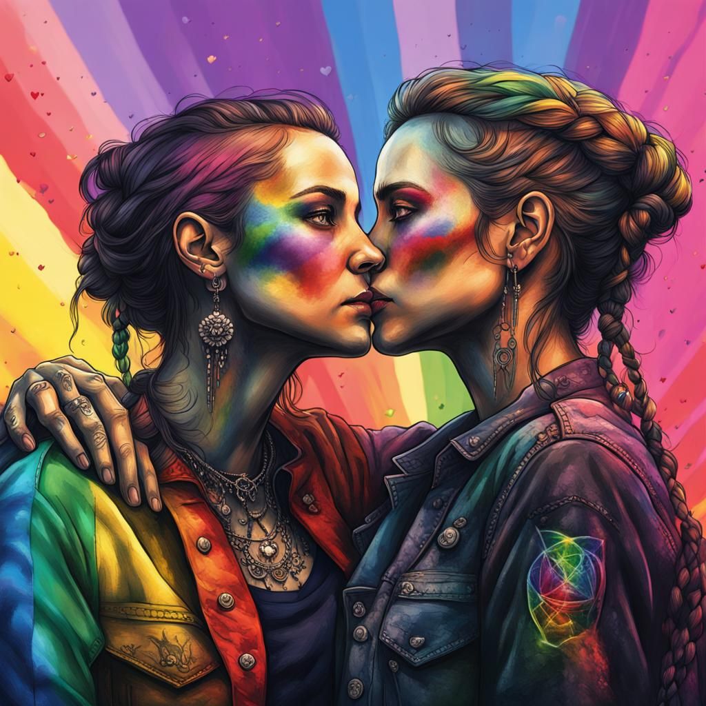 Gothic Lesbian Kiss with Rainbow Flag, Dark Fantasy