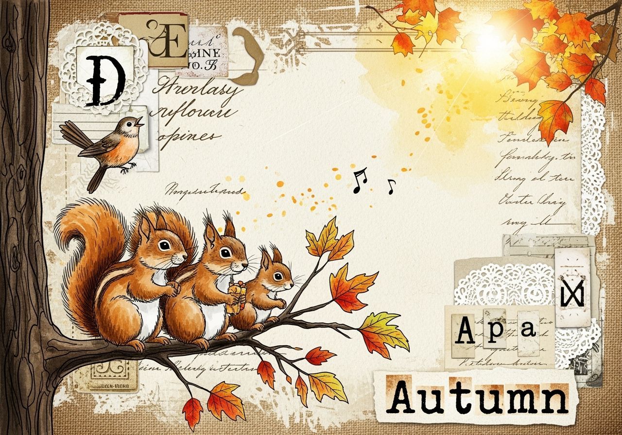 Ethereal Autumn Scene with Squirrels and Singing Bird