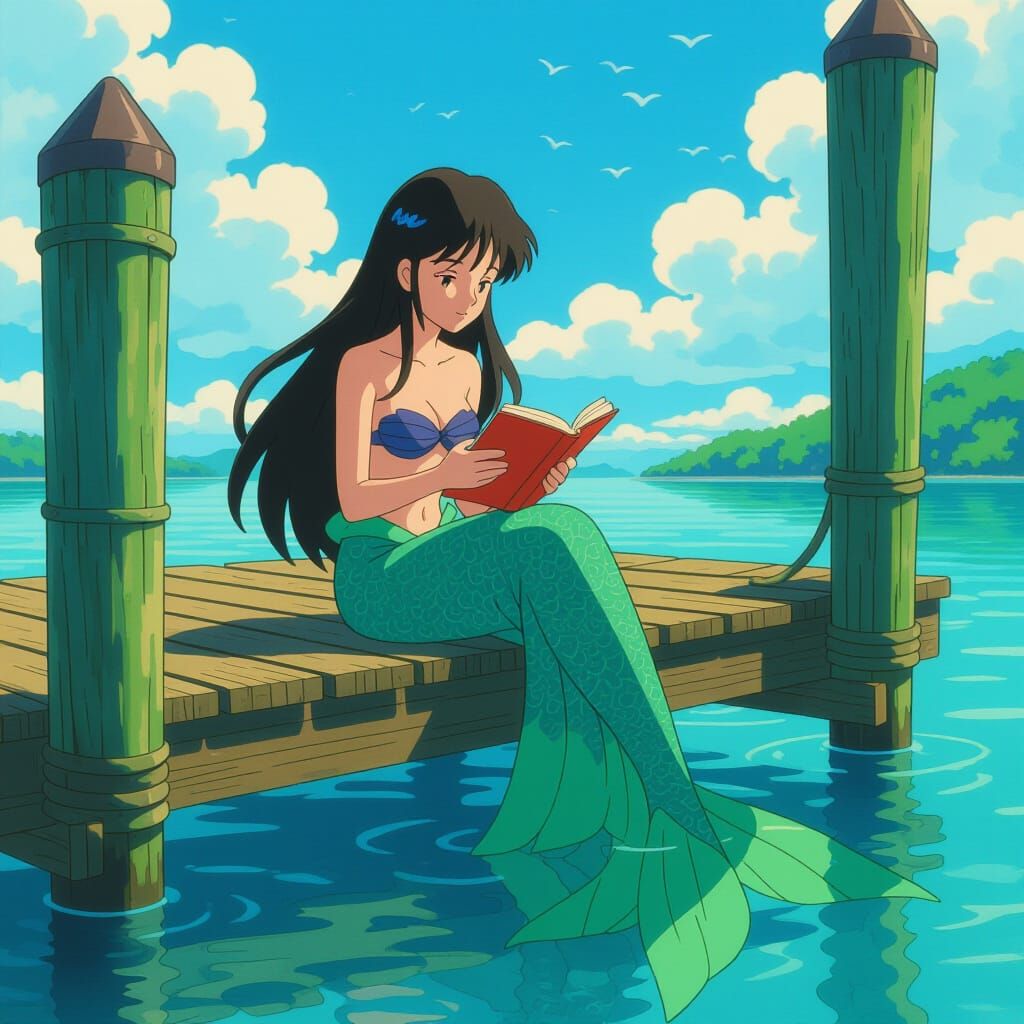 Mermaid Reading Under Dock in Anime Style
