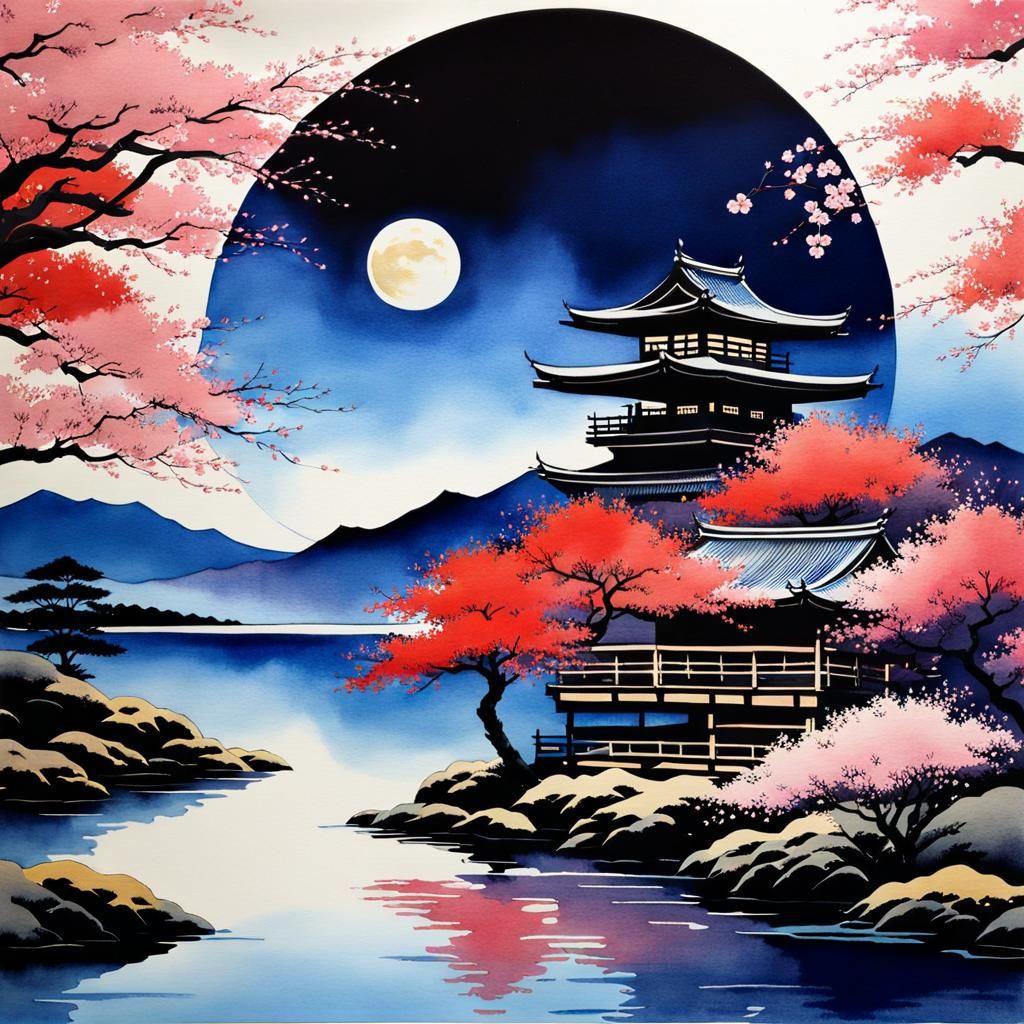 Japanese Night Landscape in Watercolor Style