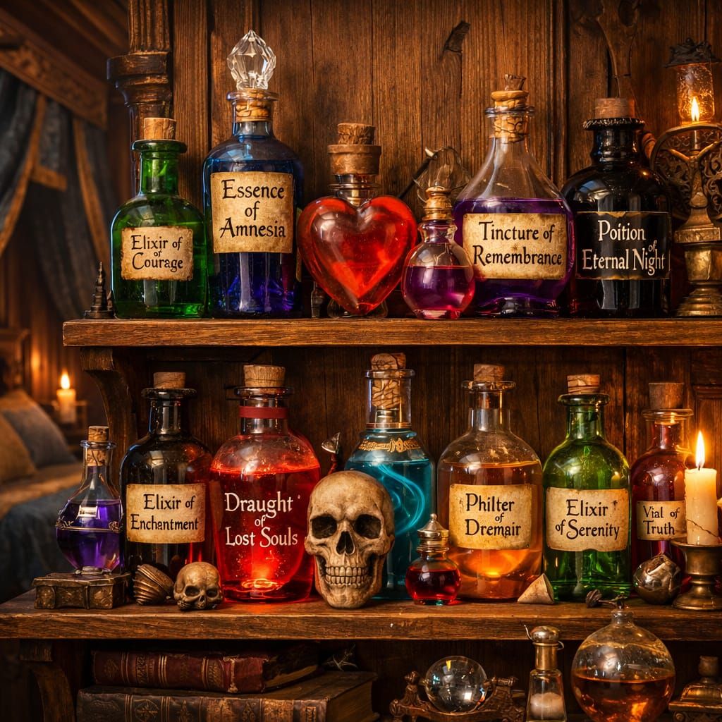 Medieval Prince's Potion Shelf in Fantasy Bedroom