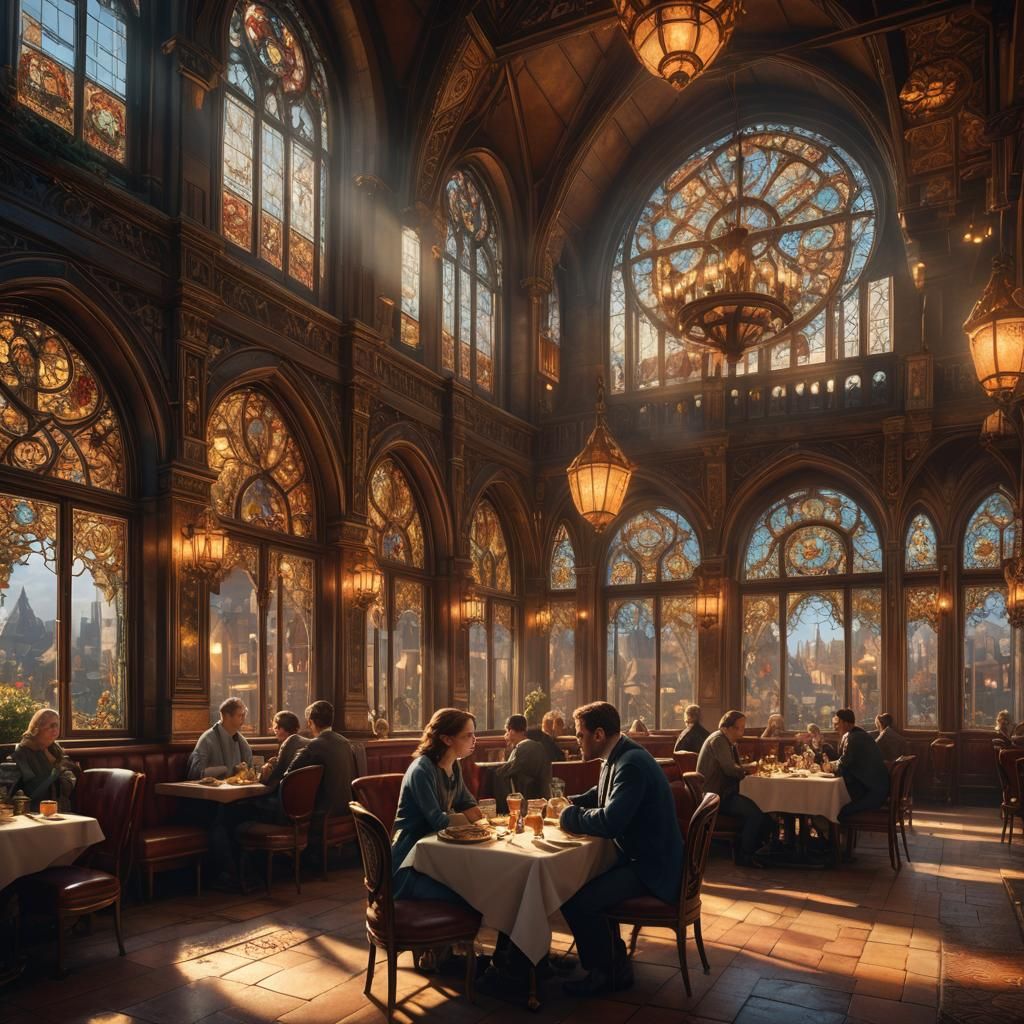 Cozy Restaurant Scene in Golden Hour Lighting