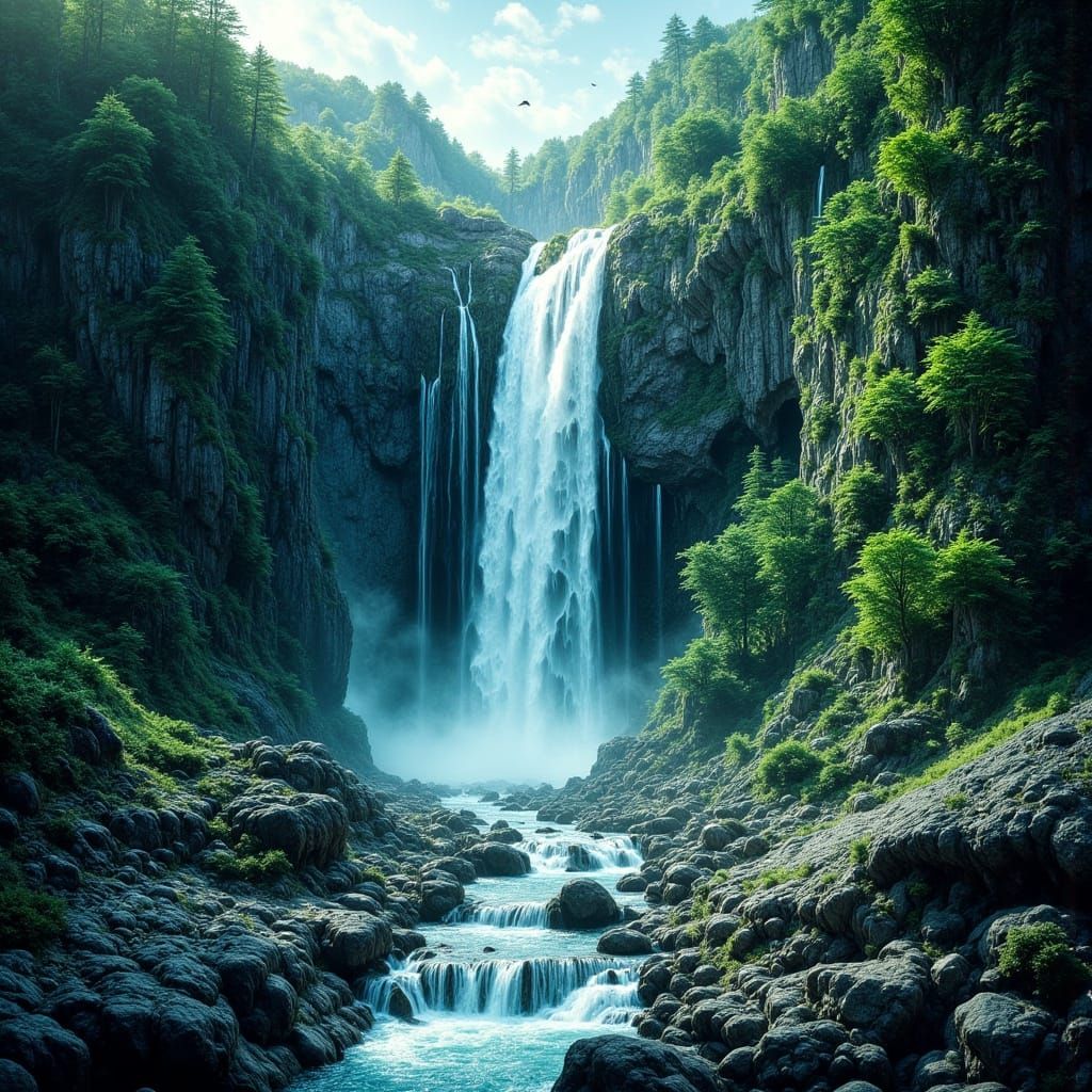 <lora:Abstract Reality:1.0> A majestic waterfall cascades do...