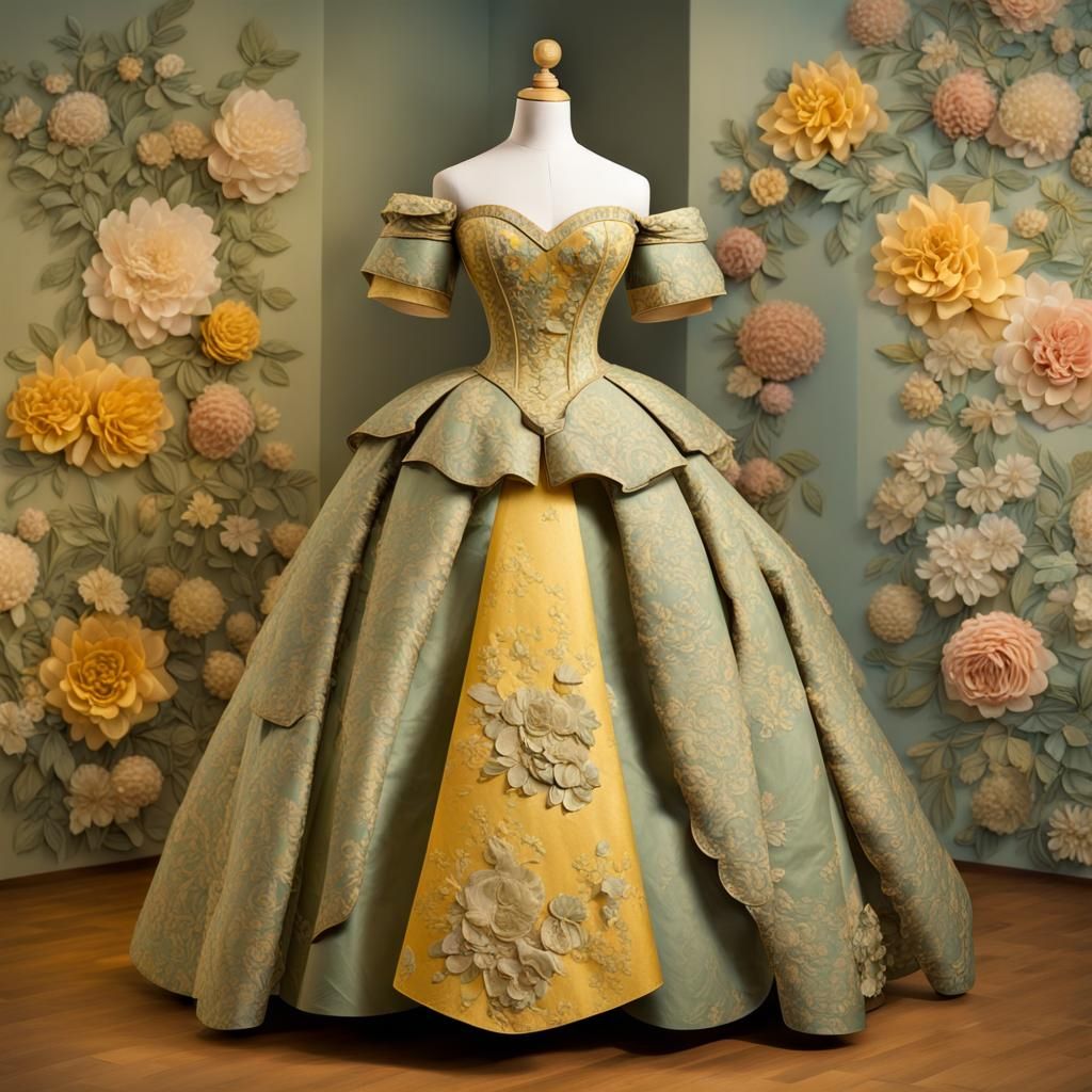 Fine Art  Collage : 19th Century Ball Gown Layered Collage  : Intricate Floral Sage and Yellow Paper  : 3d Shading : Det...