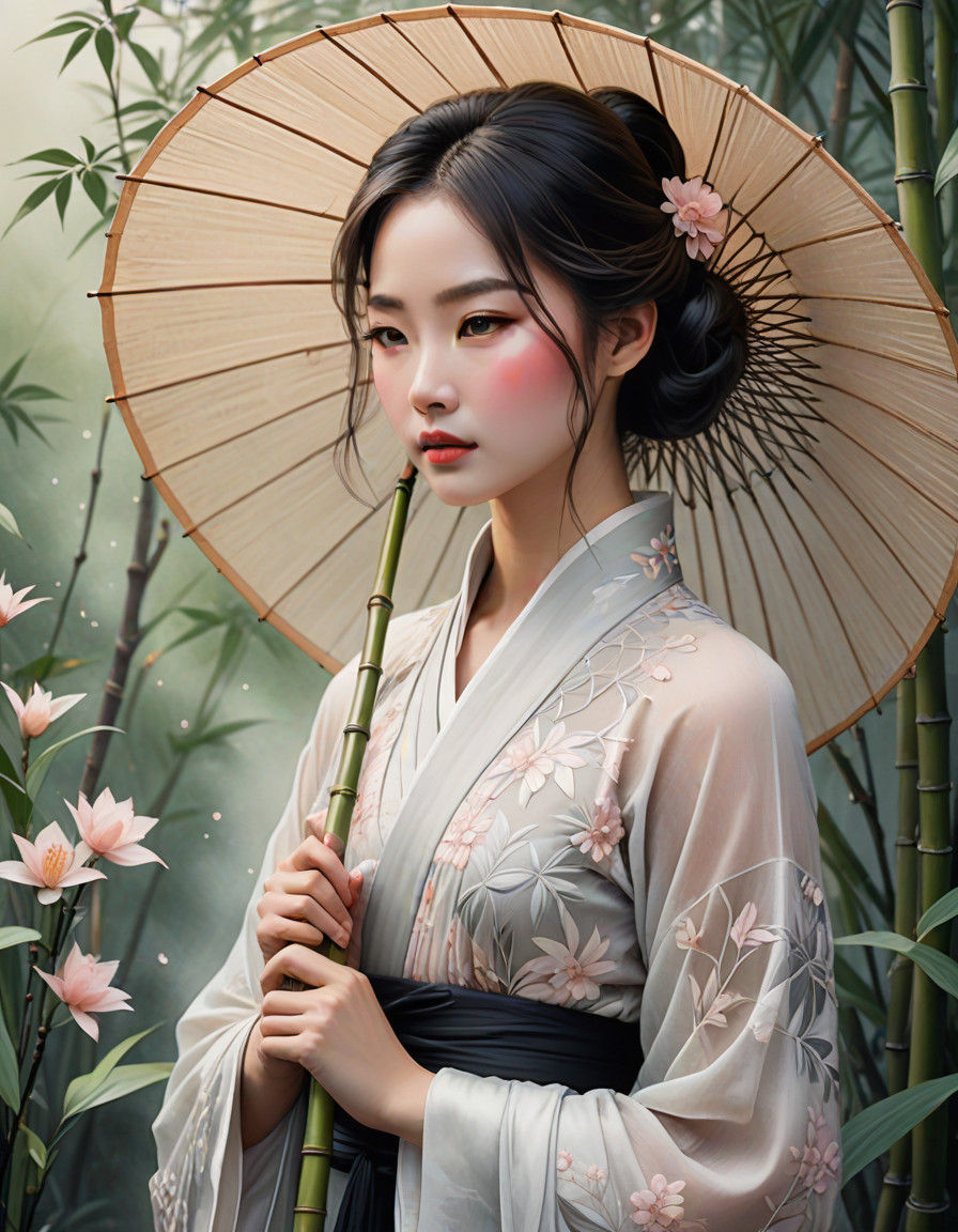 Exquisite Woman Under Bamboo Umbrella in Traditional Chinese...