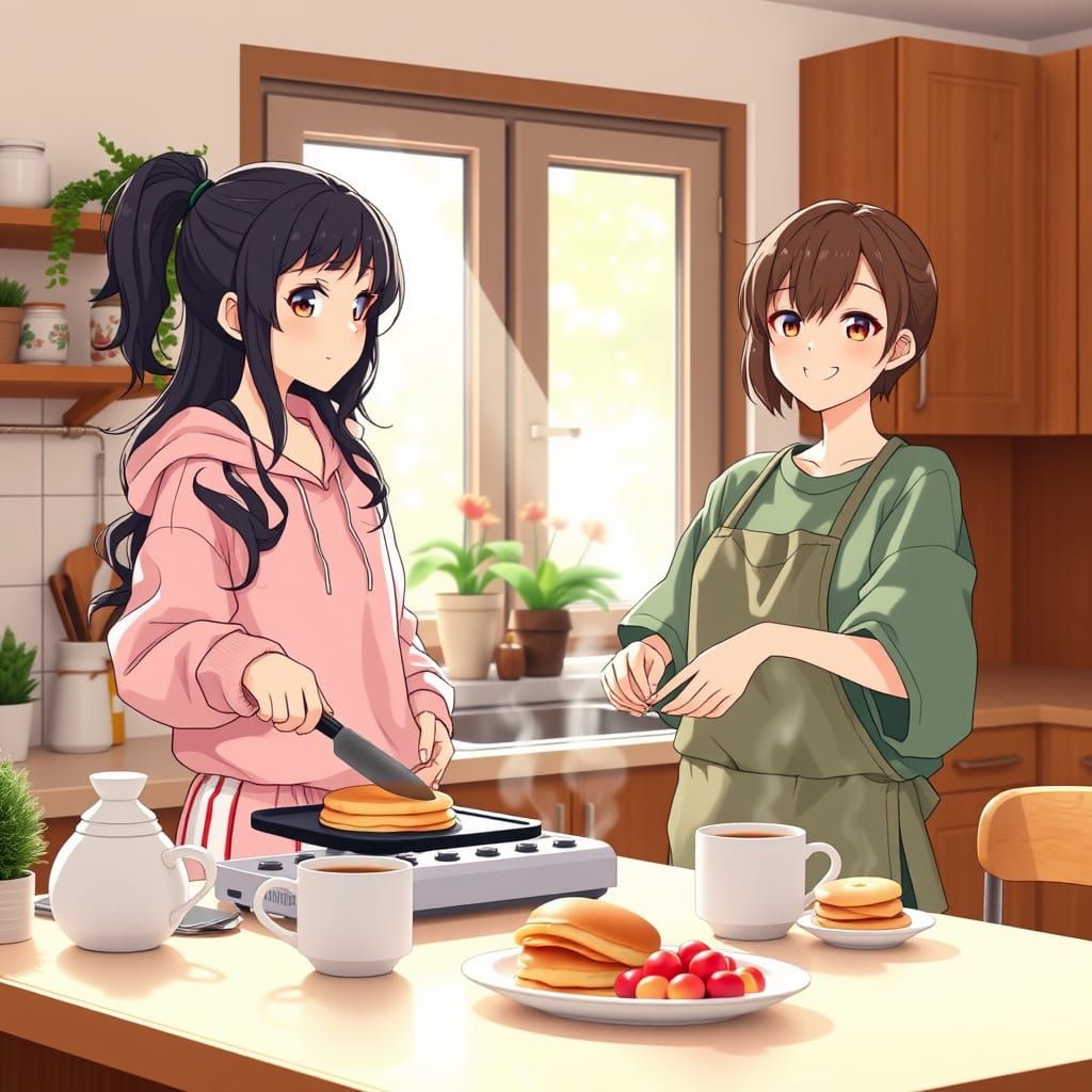 Wholesome Anime Girls in Cozy Kitchen