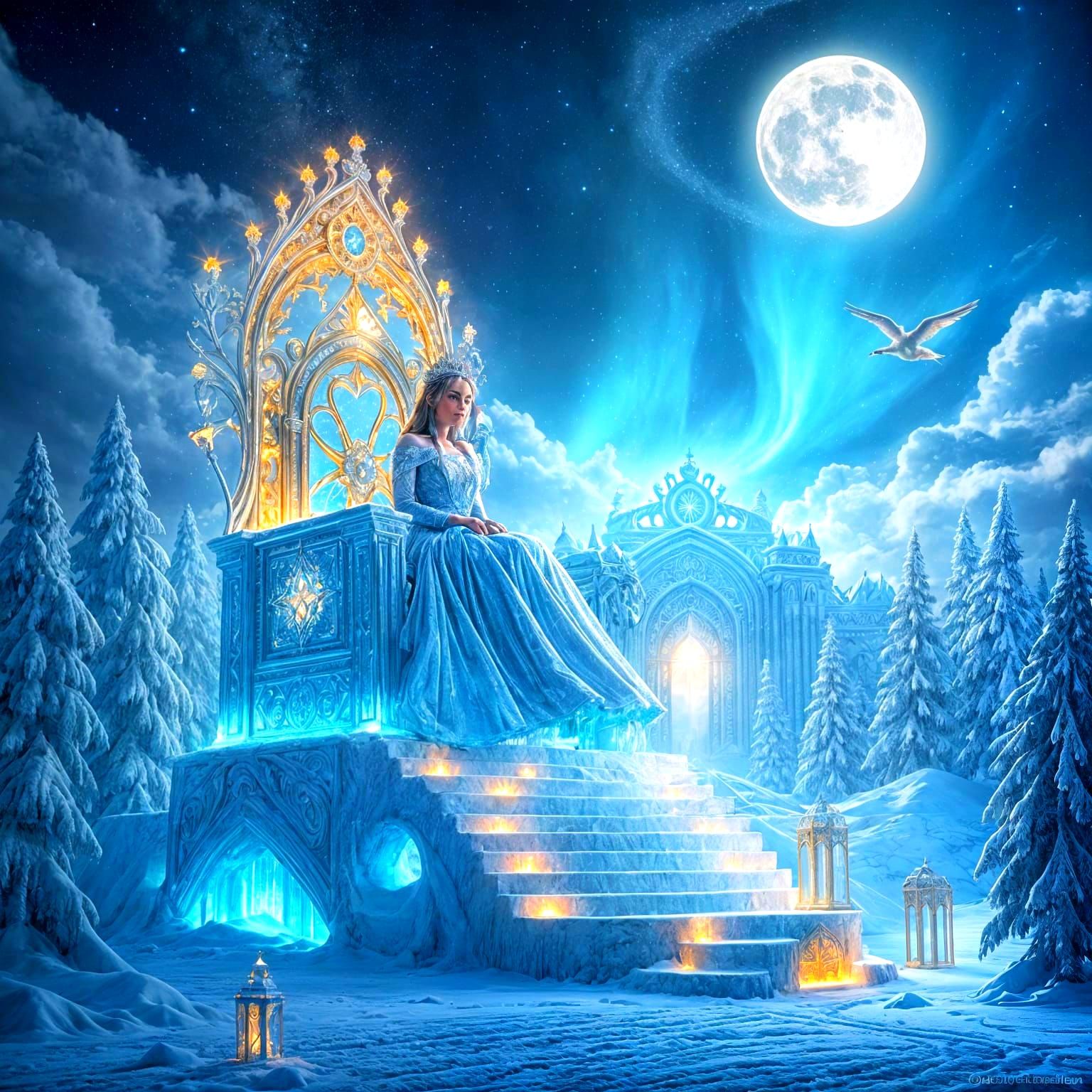 Ethereal Winter Queen Sits Upon Celestial Throne