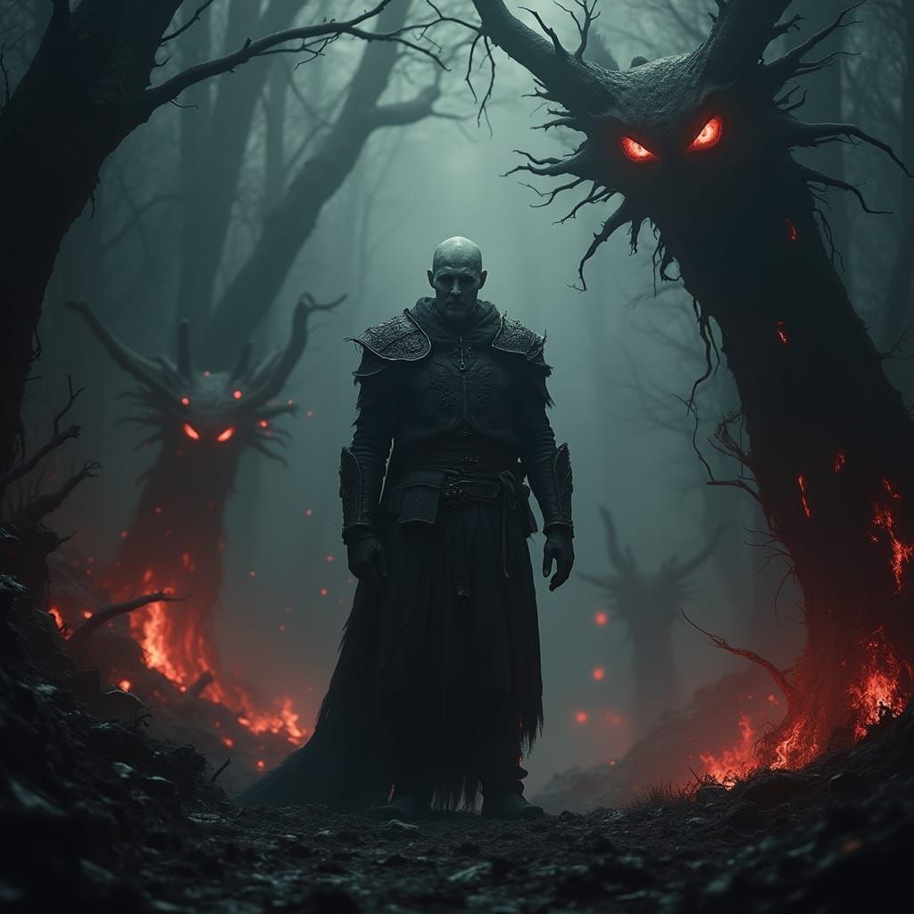 Dark Warrior Confronts Shadow Beasts in Cursed Forest
